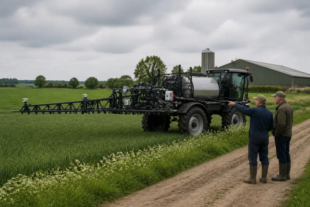 tractor boom sprayer with modular control boxes and sensors operating near farmers in a field beside farm buildings