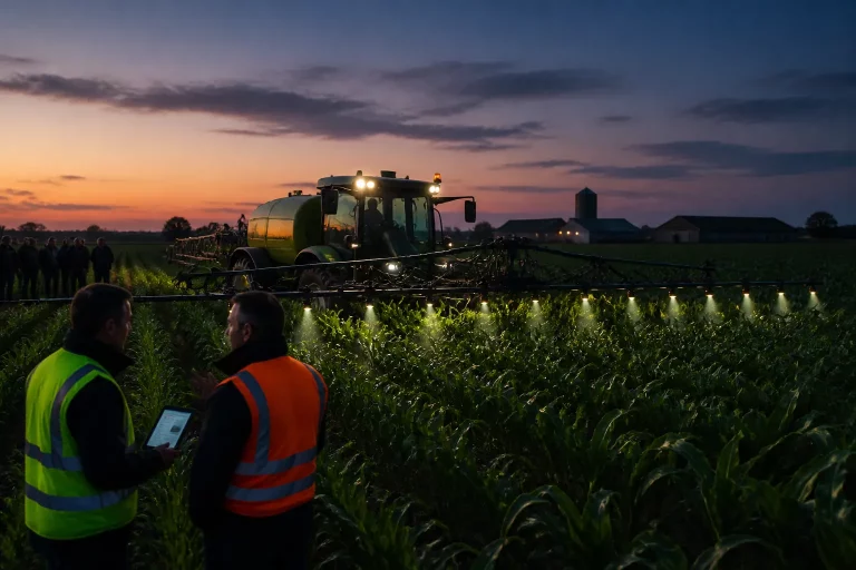 field sprayer with glowing precision nozzles driving between crop rows as farmers watch from the edge
